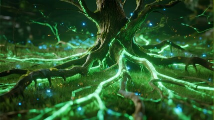 Glowing tree roots in a mystical forest with bioluminescent light patterns