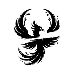 A bold phoenix rising in stylized black silhouette against rebirth and resilience in modern icon