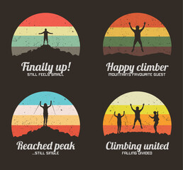 Jumping cheerful people. Group mountain climbing. Retro 60s label set