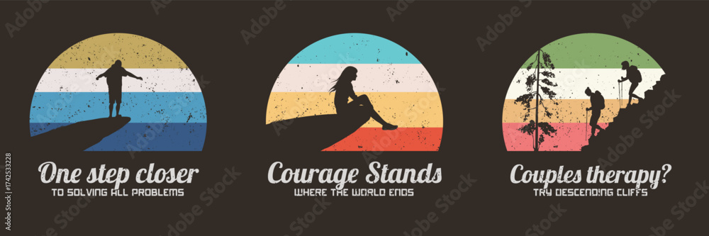 Poster couple at mountain range. people hiking on cliff. 60s retro label set