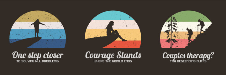 Couple at mountain range. People hiking on cliff. 60s retro label set