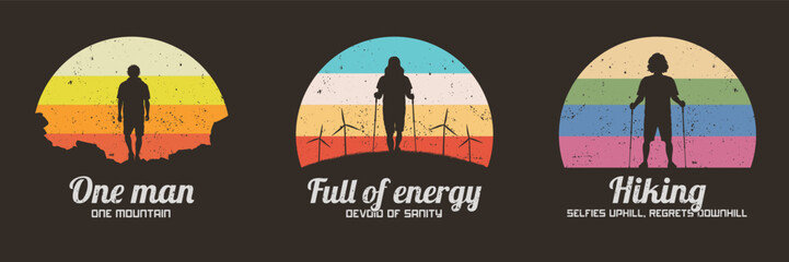 Walking man and windmills. Hiking with trekking poles. 60s label set