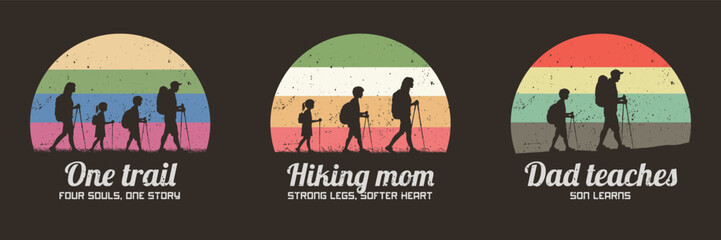 Family travel. Parents and children and trekking poles. 60s label set