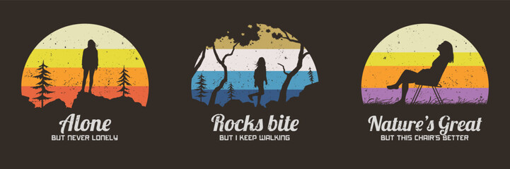 Hiking on mountain range. Woman sit on camp chair. 60s, 70s label set