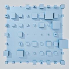 A clean and professional 3D background featuring colorful cubes arranged in a balanced geometric grid on a contrasting color surface.