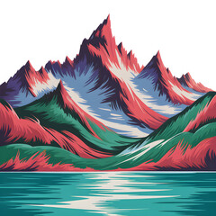 Majestic mountains painted in vibrant hues reflected in the tranquil lake with crisp clean vector
