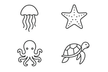 Line art sea creatures: jellyfish, starfish, octopus, turtle illustrations