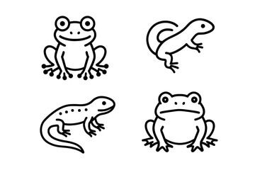 Four line art amphibians: frogs and salamanders in minimalist design