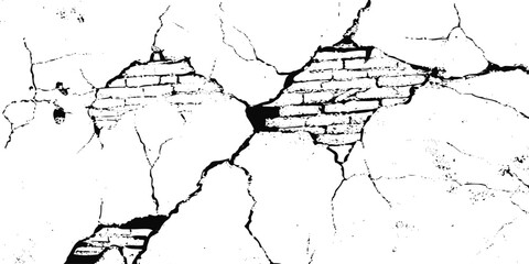 Sketch crack texture. Ground cracks, breaks on land surface from earthquake. Grunge and distressed effect. Black and white brick wall background. vector crack old wall background.