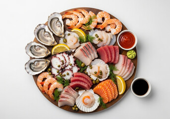 Sashimi and Seafood Platter: Tuna, Salmon, White Fish, Oysters, Shrimp, and Scallops

