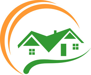 Zwei Häuser, Dächer und Sonne, Immobilien und Dachdecker Logo, Icon
