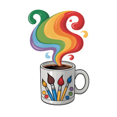 A creative artist s coffee break featuring rainbow colored inspiration steaming from a paintbrush