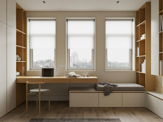 Cozy modern children room  space with bookshelves, desk, and natural light. Home office