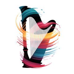 A vibrant harp design with splashes of artistic energy capturing the beauty of music and art in bold