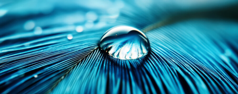A close-up view of a water droplet on a blue feather