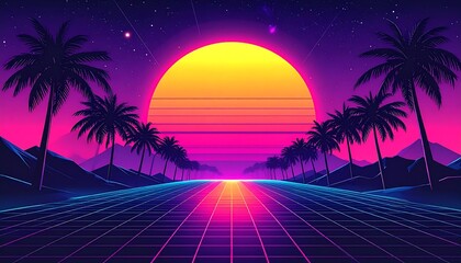 Synthwave Sunset - A Retro-Futuristic Landscape with Palm Trees and Grid.