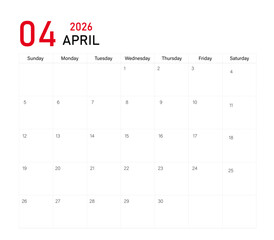 April month calendar layout of 2026 | Monthly diary planner in 2026 | Monthly calendar template for 2026 year | Wall calendar in a minimalist style with black and red font size 