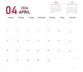 April month calendar layout of 2026 | Monthly diary planner in 2026 | Monthly calendar template for 2026 year | Wall calendar in a minimalist style with previous and next month calendar