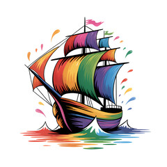A vibrant rainbow sailboat joyfully sailing into a bright future promoting diversity and inclusion