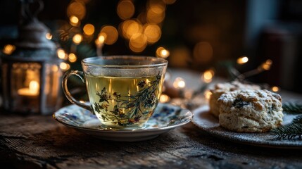Cozy Christmas Setting with Tea Cup and Scones on Wooden Table
