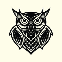 Obraz premium Stylized owl head mascot logo, intense and wise night bird graphic in bold monochrome vector style.
