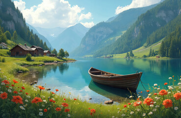 Obraz premium Scenic lake photo shows wooden boat anchored near small village. Turquoise water reflects mountains, trees. Wildflowers grow near the shore. Vacation scene. Peaceful nature landscape.