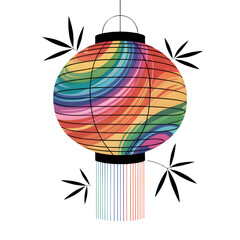 A vibrant rainbow paper lantern celebrating unity and joy surrounded by bamboo leaves against white