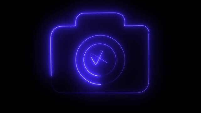 Glowing neon camera icon isolated , recording, and film themes.