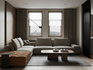 Elegant living room with a cozy sofa, coffee table, and soft lighting.