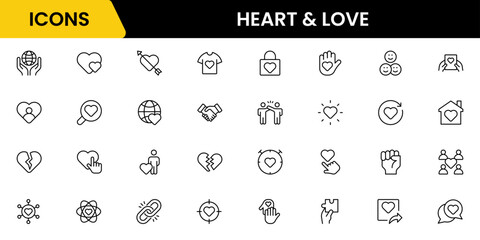Heart, love, charity, and donation outline icons are set isolated on a white background in a flat vector illustration.
