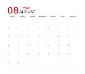 August month calendar layout of 2026 | Monthly diary planner in 2026 | Monthly calendar template for 2026 year | Wall calendar in a minimalist style with black and red font color