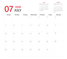 July month calendar layout of 2026 | Monthly diary planner in 2026 | Monthly calendar template for 2026 year | Wall calendar in a minimalist style with previous and next month calendar