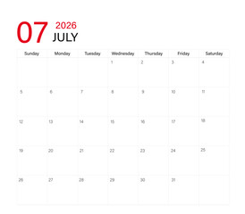 July month calendar layout of 2026 | Monthly diary planner in 2026 | Monthly calendar template for 2026 year | Wall calendar in a minimalist style with black and red font color