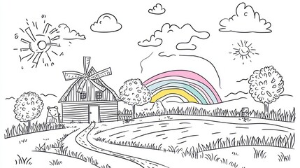 Naklejka premium Hand-drawn sketch of a rural landscape with a windmill, barn, and rainbow. Suitable for children's books or educational materials