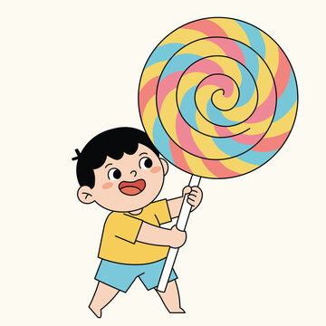 Fun and cheerful vector of a smiling boy holding an oversized lollipop, perfect for candy, childhood, or fun lifestyle themes.