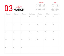 March month calendar layout of 2026 | Monthly diary planner in 2026 | Monthly calendar template for 2026 year | Wall calendar in a minimalist style with previous and next month calendar