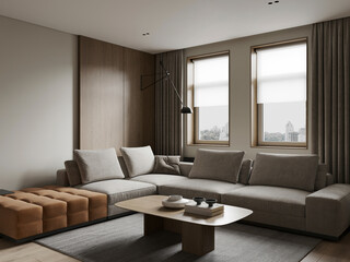 Cozy living room with modern furniture, soft lighting, and neutral colors.