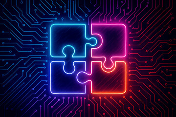 Four glowing puzzle pieces in blue and pink neon light connected on a digital circuit board background
