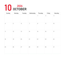 October month calendar layout of 2026 | Monthly diary planner in 2026 | Monthly calendar template for 2026 year | Wall calendar in a minimalist style with black and red font color