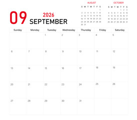 September month calendar layout of 2026 | Monthly diary planner in 2026 | Monthly calendar template for 2026 year | Wall calendar in a minimalist style with previous and next month calender