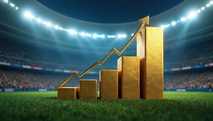 Golden bar graph with upward arrow on football stadium field. Financial growth chart concept on green grass. Success and business performance, investment, sport concept.