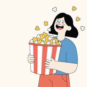 Cartoon vector of a happy woman holding an oversized popcorn bucket, perfect for movie, entertainment, or humor concepts.