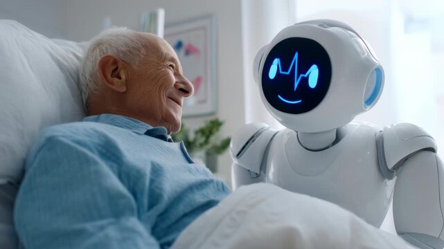 Friendly AI companion robot caring for a smiling senior man in a hospital bed. Futuristic technology for elderly healthcare, patient monitoring, and companionship. 4K.