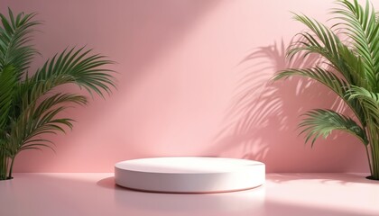 Minimalist pink studio with pedestal and green palm plants. Soft light casts leaf shadows on wall. Modern scene for product display and beauty promotion.