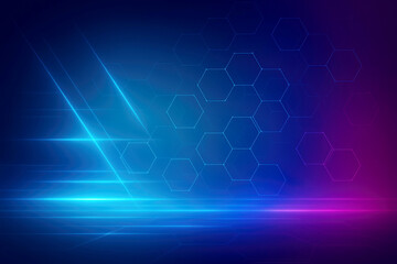 Futuristic Abstract Blue and Purple Hexagonal Grid with Light Streaks background technology