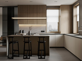 Spacious kitchen with wooden finishes and natural light.