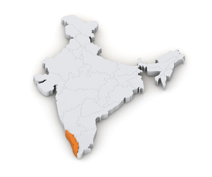 Kerala state 3d map in India isolated on transparent background. Three-dimensional India's state map. India map 3d Illustration.
