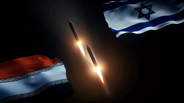 Missiles launched with flags of two nations in conflict