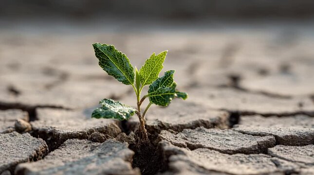 Green sprout breaking through dry, cracked earth, symbolizing resilience, hope, renewal, and new beginnings as life emerges despite harsh conditions.
