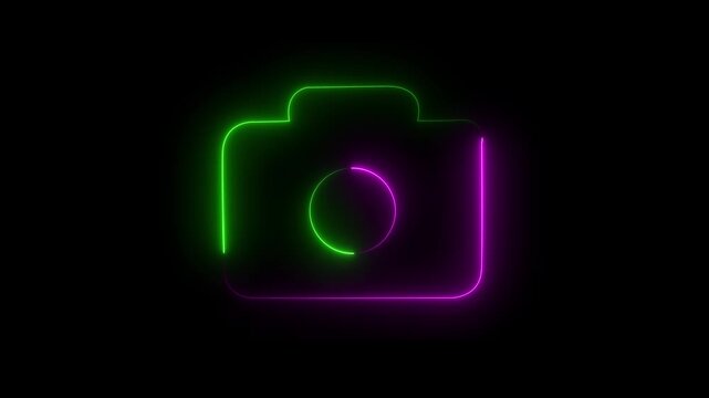 Glowing neon camera icon isolated , recording, and film themes,  animated on black background.